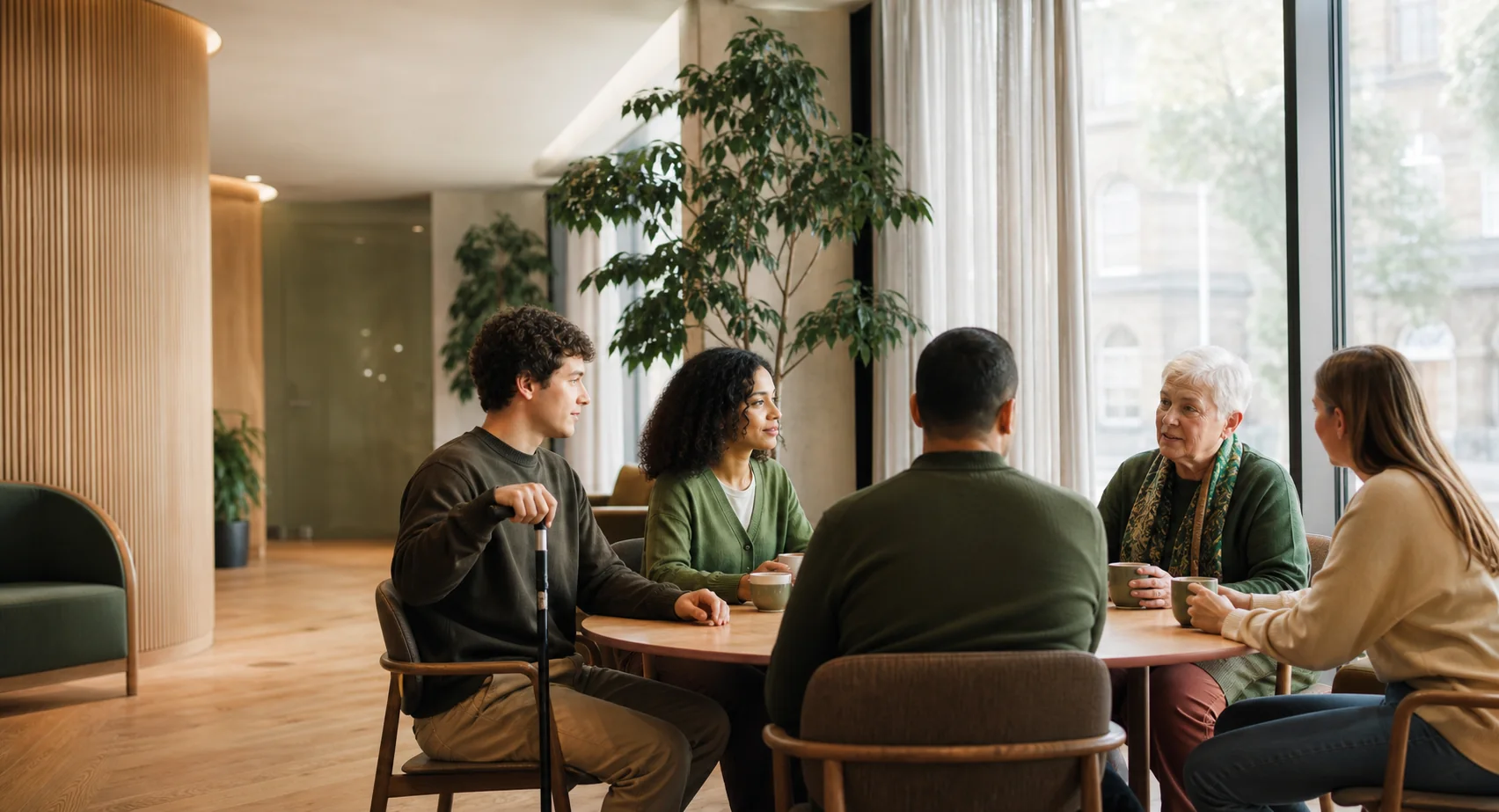 A diverse group sharing an equal, relaxed conversation around a community table